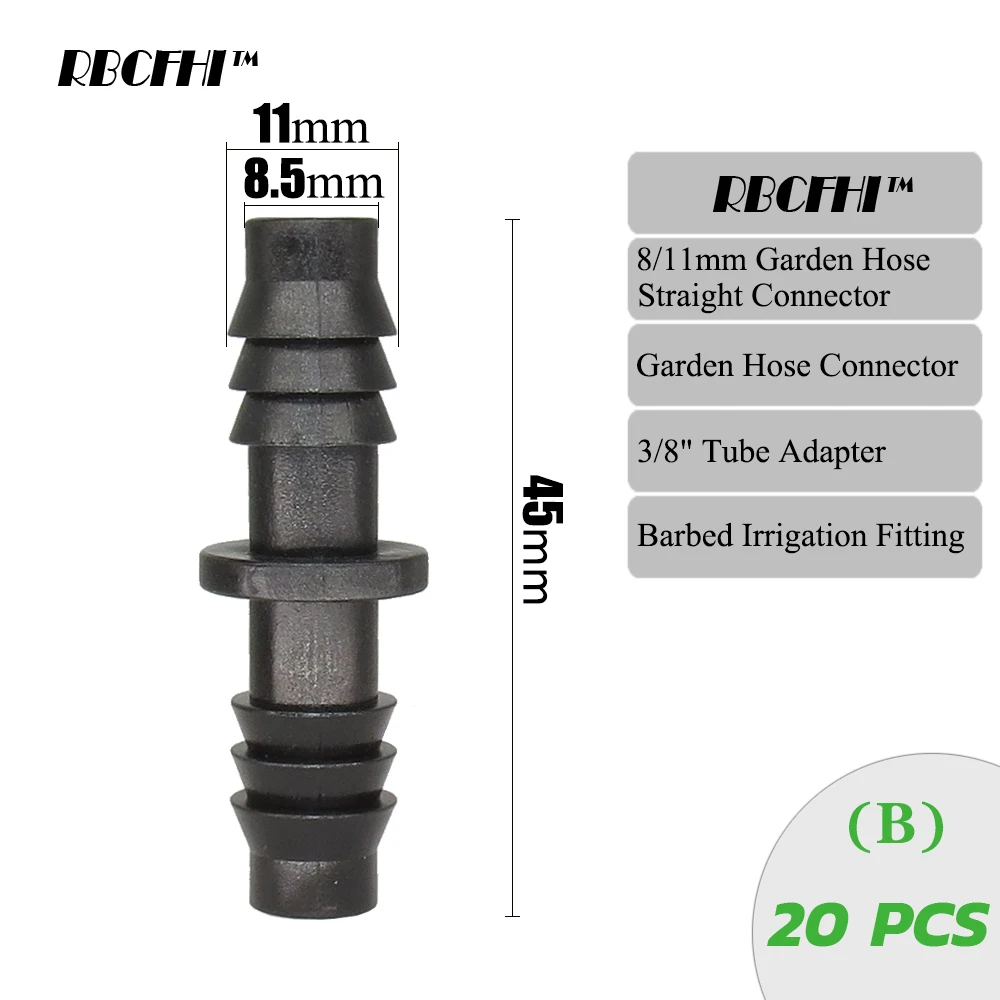 RBCFHI Garden 3/8" To 1/4" Hose Connector 8/11 To 4/7mm Barbed Lock Tee Straight Elbow End Plugs Pipe Adapter Irrigator Fitting 6