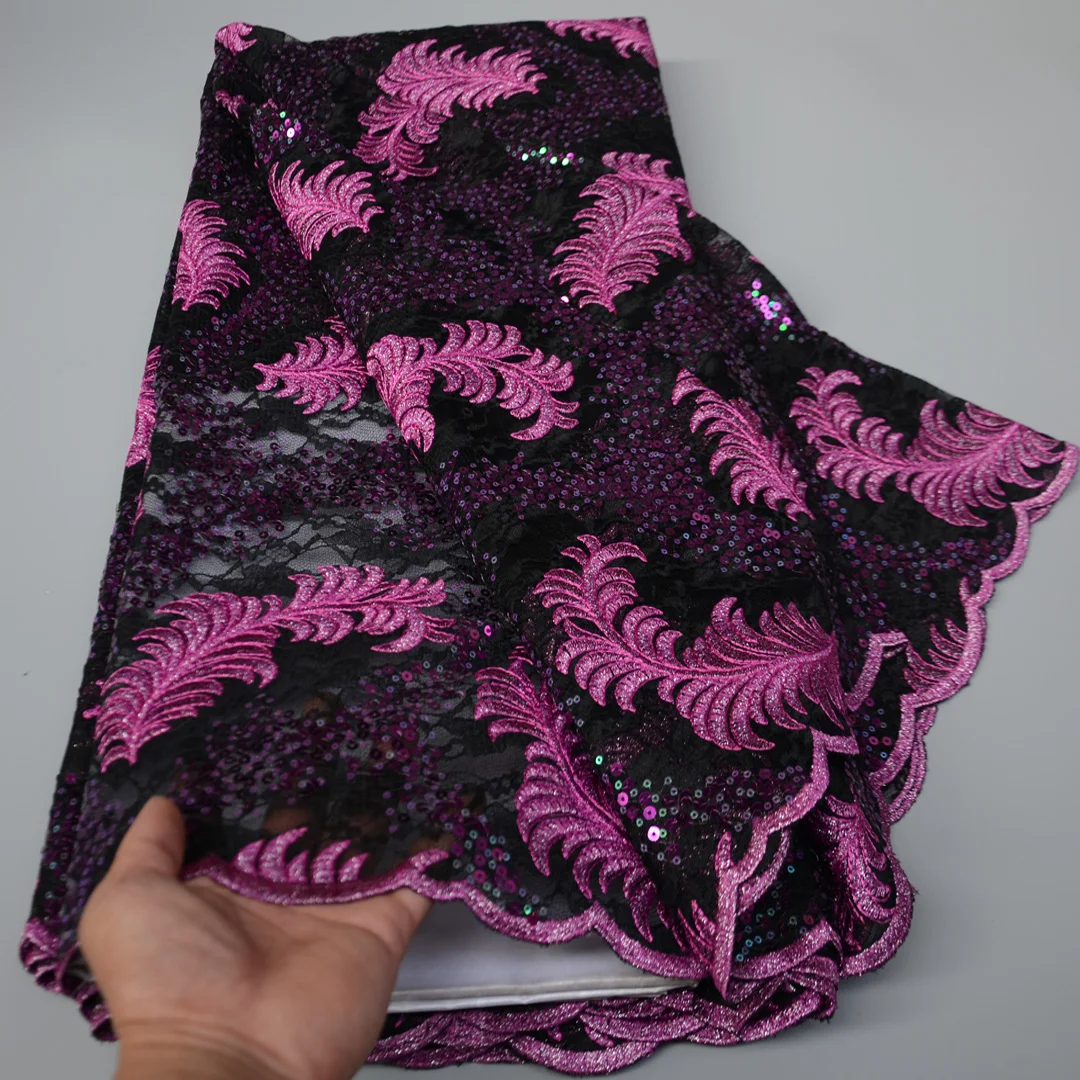 

(5 ярдов/шт.) Высококачественная вышитая африканская французская сетчатая кружевная ткань с блестящими блестками, нигерийское кружево для вечернего платья FLP288