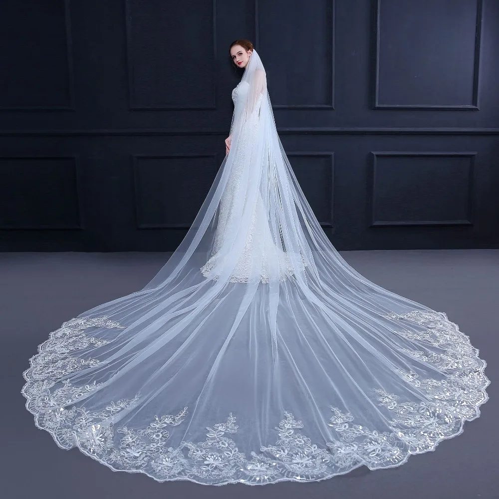 3m/5m/5m long white wedding veil ivory Cathedral bridal veil with lace edge with comb wedding accessories bride wedding veils simple ribbon edge wedding veils for brides 2023 long drop two tiers veil for women with comb soft tulle wedding طرحة العروس