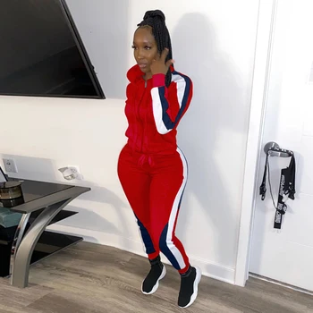 

Autumn Women Outfits Zipper Hoody Long Sleeve Two Piece Set Top And Pants Suits Striped Patchwork Plus Size Tracksuits Sweatsuit