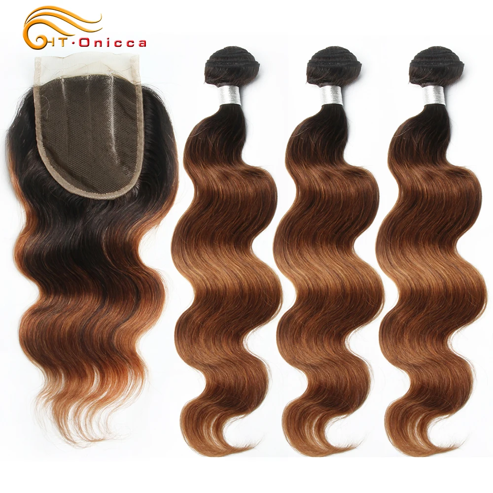 70g/pc Ombre Human Hair Bundles With Closure 1B 30 Honey Blonde Bundles With Closure Peruvian Body Wave Bundles With Closure