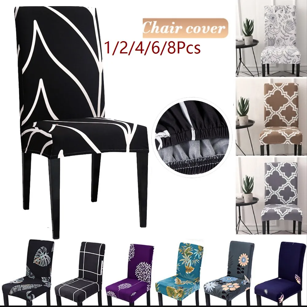 1/4/6/8pcs Printed Chair Cover Spandex Elastic Chair Covers