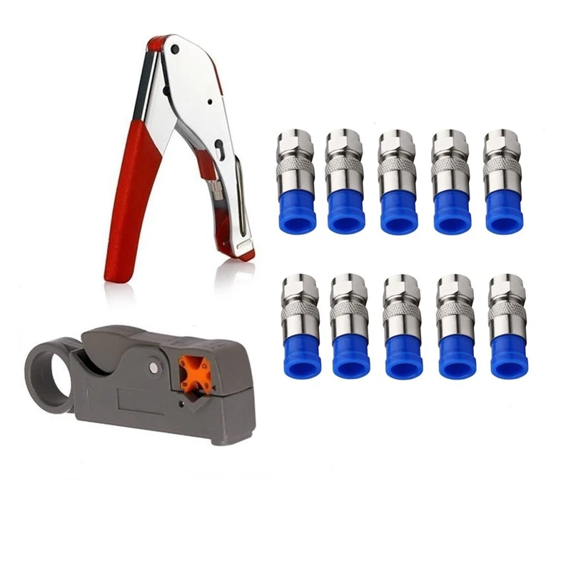 GTBL коаксиальный кабель комплект для обжима Инструмент для Rg6 Rg59 коаксиальный инструмент для сжатия фитинг для зачистки проводов с 10 шт. F компрессионный разъем