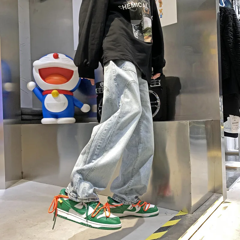 ICCLEK Tooling Jeans Men's Casual Pants Straight Loose Pants Fashion Wide-leg Pants Casual Trousers Punk Pants  Blue Pants