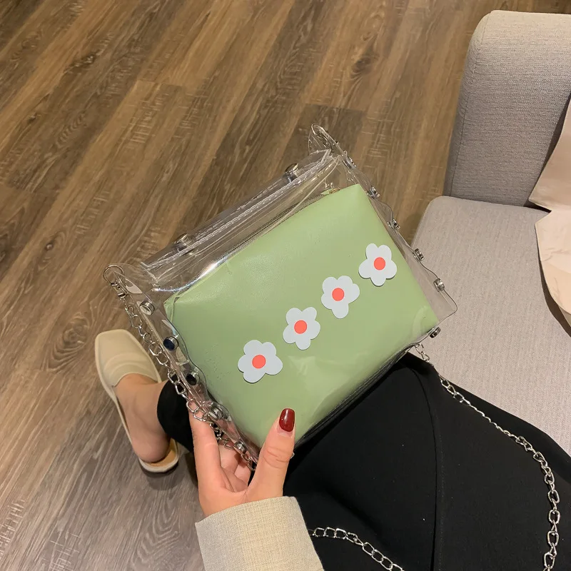

Summer Transparent Bag Women's 2020 New Style Hipster Fashion Gel Bag Versatile INS Flower Chain Square Sling Bag