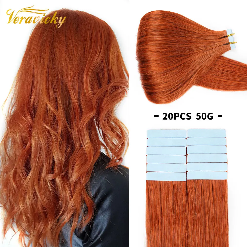 Copper Red 50G Tape In Natural Human Hair Extensions Skin Weft Adhesive Invisible Machina Made Remy Seamless 100% Real Hair