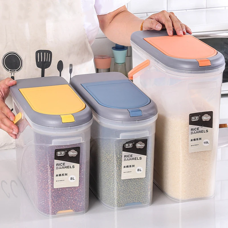 Kitchen Cabinet Food Storage Container with Portable Handle Automatic Flip Cover Rice Bucket Narrow Shape Cereals