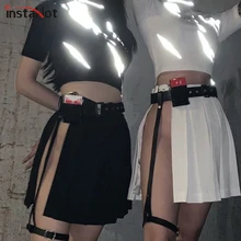 InstaHot Black Slit Pleated Skirts Women With Leather Belt Summer Sexy Party Club Punk Moto Style Streetwaer Skirts Fashion
