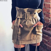 Meren Verado осень высокая талия сексуальные хаки карманные мини юбки женские зимние модные повседневные boho OL пояса выше колена юбка