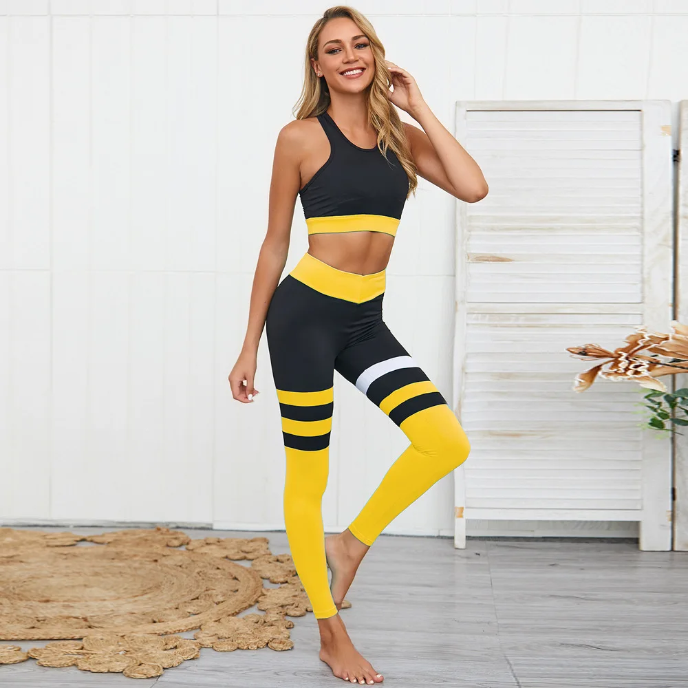 Комплект из 2 предметов; леггинсы в стиле пэчворк; Спортивный комплект для йоги; женский костюм для фитнеса; одежда для спортзала; Комплект для тренировок; Спортивный бюстгальтер; женская спортивная одежда для бега - Цвет: yellow