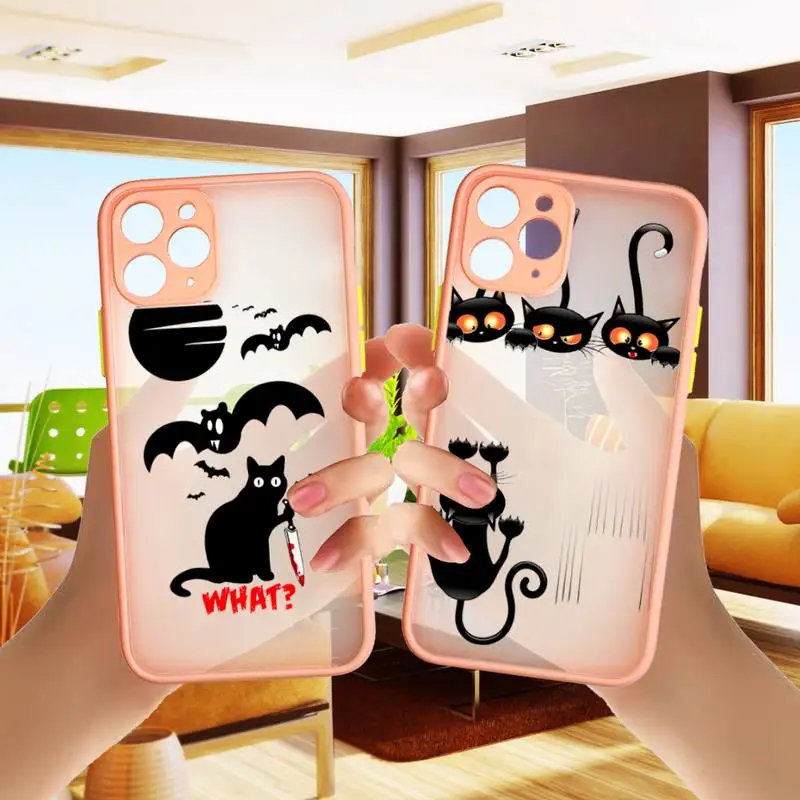 Funny Black Cat What Phone Case Colorful Bumper Shockproof Trasparent For iPhone 8 7 Plus 12 Mini 11 Pro Max XR X XS pink Cover | Мобильные