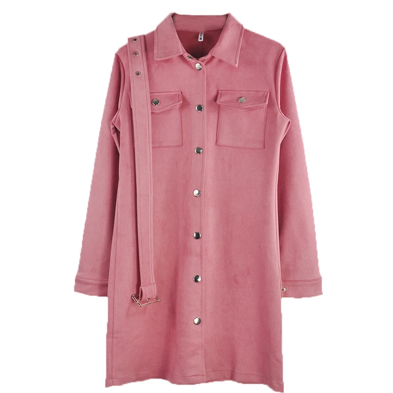 TAOVK осеннее женское одноцветное однобортное Замшевое платье с отложным воротником и длинным рукавом с поясом - Цвет: Розовый