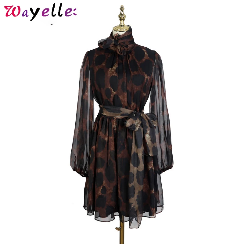 

Ladies Bandage Dress 2019 New Autumn Winter Fashion Stand Collar Bow Long Sleeve Leopard Printed Elegant Women Party Dess