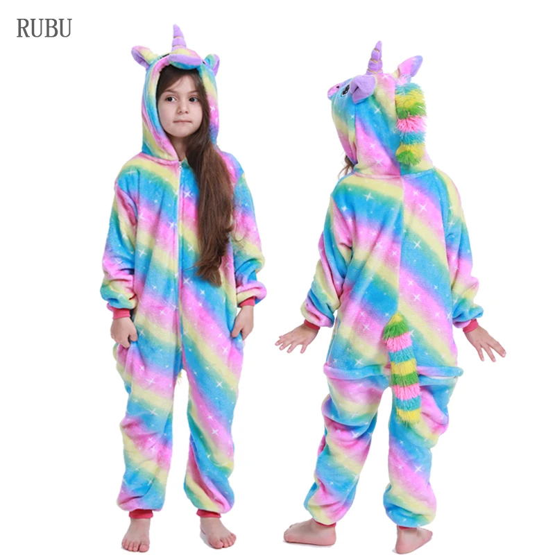 Пижамы кигуруми, детские пижамы с единорогом и животными для мальчиков и девочек, детские пижамы, зимние комбинезоны, одежда для сна для детей 4, 8, 10, 12 лет - Цвет: Rainbow Star Unicorn