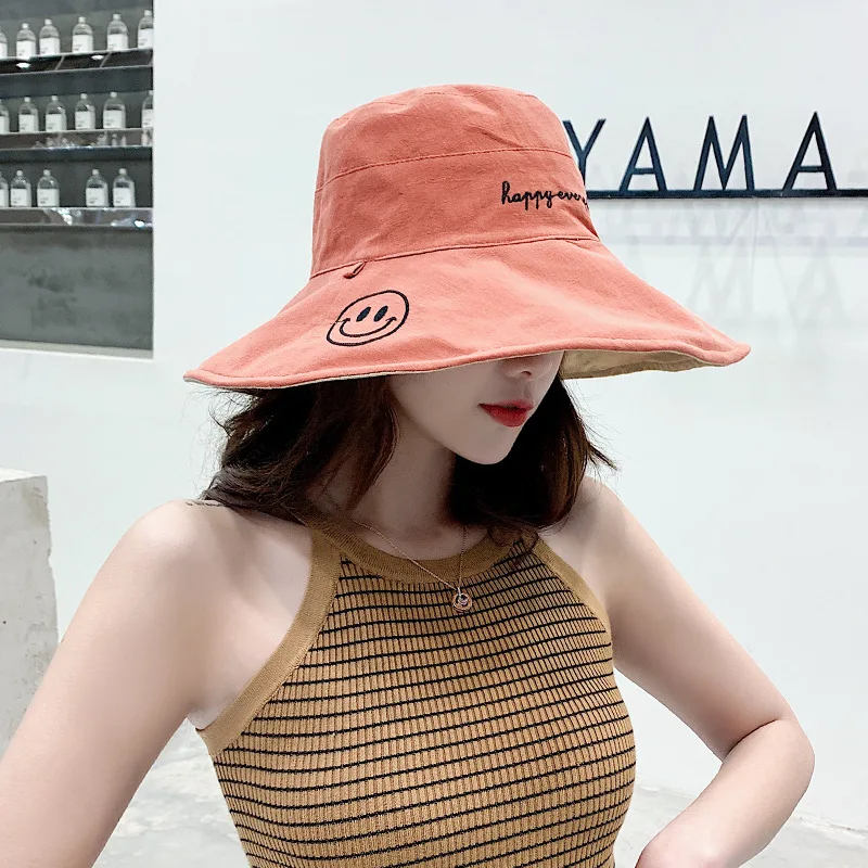 Orange and beige Двухсторонняя одежда ведро шляпа для женщин harajuku корейский стиль с смайликом лицо вышивка Защита от солнца шапки для женщин B03 - Цвет: Orange and beige