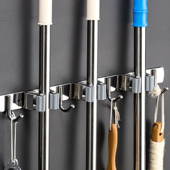 

304 Stainless Steel Mop Rack Without Punching Multi-function Mop Hook Bathroom Broom Storage Clip