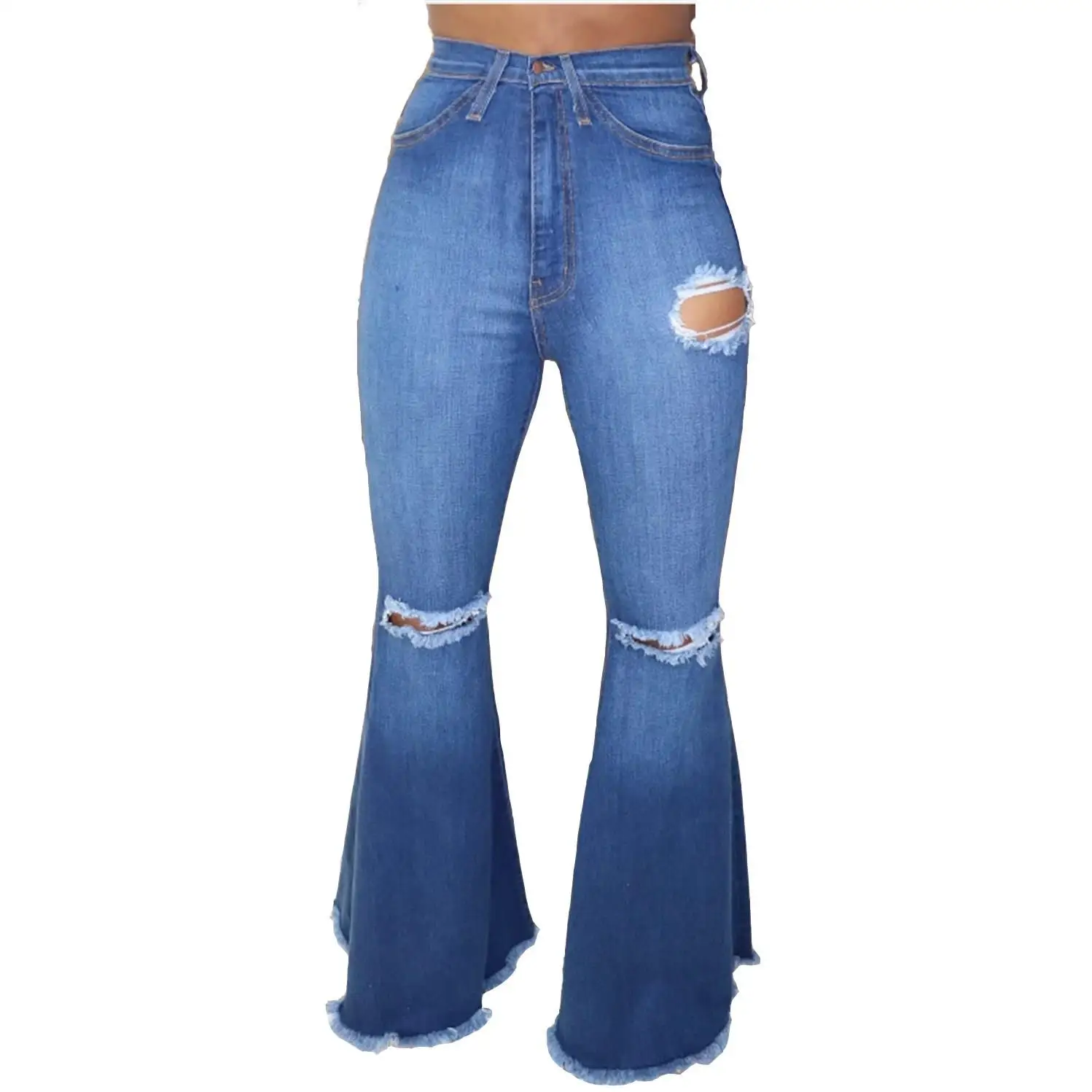 Осенние джинсы с дырками и высокой талией, женские повседневные свободные длинные джинсы на молнии, широкие брюки, уличная одежда, рваные джинсовые штаны