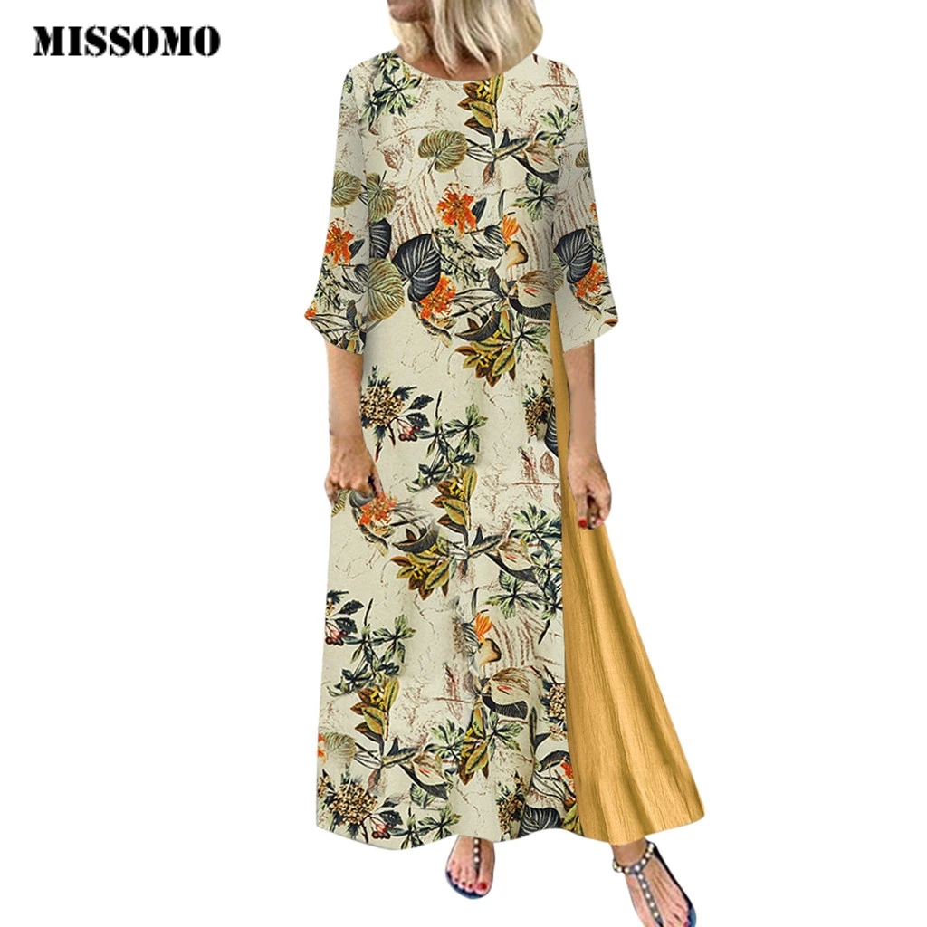 

MISSOMO Vestidos 5XL Dress Women dress Vintage Print Floral Patch Dress 3/4 Sleeve O-Neck Loose long Maxi Dress robe femme 819