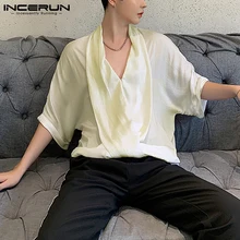 

INCERUN Korean Style Half Sleeve V Neck Loose Blouse Men Leisure Solid Color Shirts Man Casual Breathable Chemise Masculina 5XL