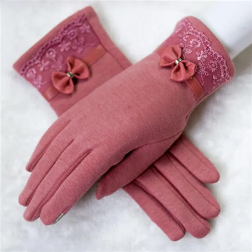 New Bow leather Pink YRRETY, женские кашемировые перчатки для улицы, Осень-зима, женские теплые перевернутые рукавицы, хлопковые перчатки на запястье, однотонные женские шерстяные перчатки - Цвет: New Bow leather Pink
