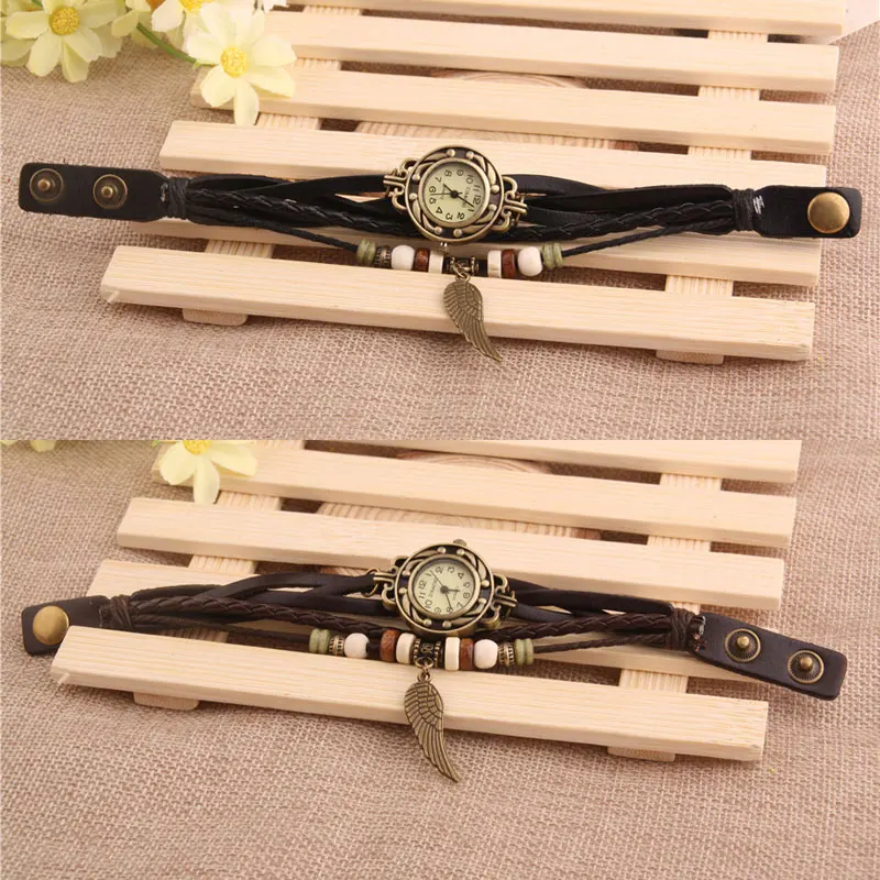 Relojes Vintage de imitación de cuero para mujer, reloj de pulsera informal con cuentas de madera y escultura de ala, femenino - Imagen 6