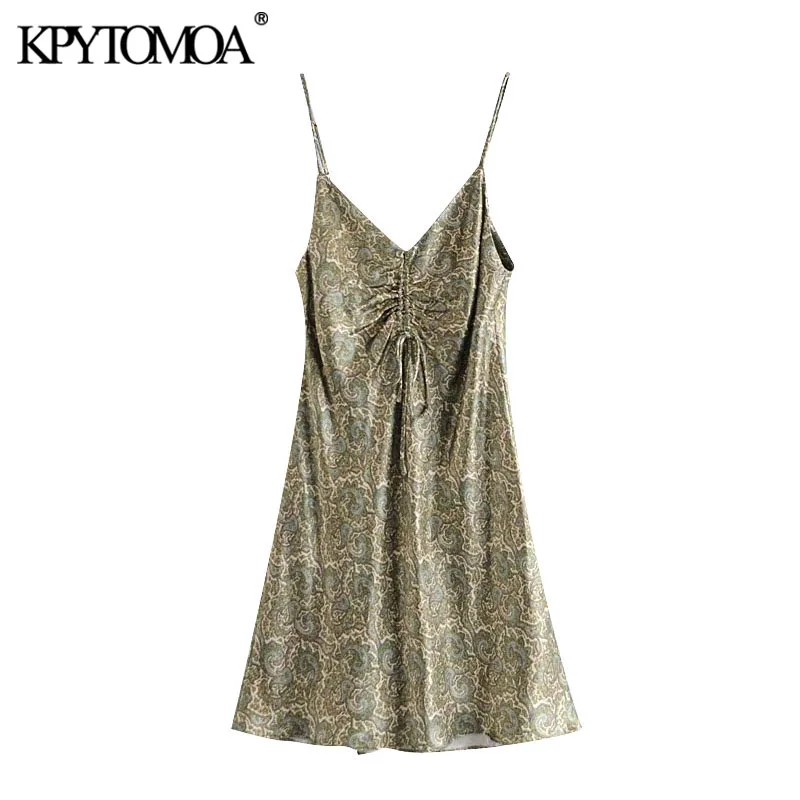 KPYTOMOA-Vestido corto con estampado de Cachemira y lazo para Mujer, minivestido Vintage con escote en V y Tirantes ajustables, 2021