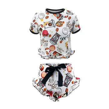 

Women's Sleeping Top, Lace-up Shorts Suit, Round Collar Beverage Printed Loose Elastic Home Outdoor Clothes