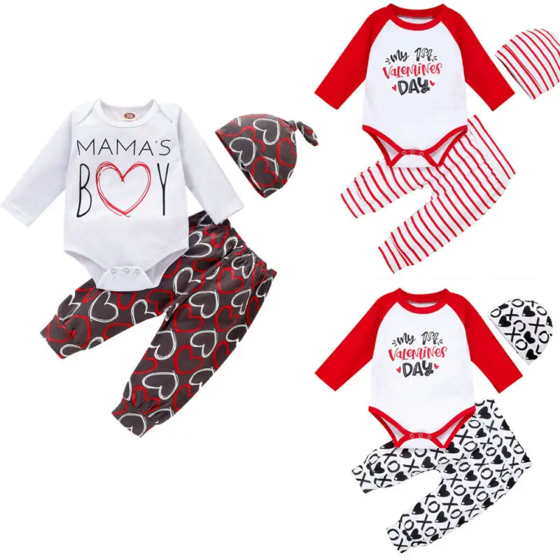 Одежда для малышей, Детский комбинезон с надписью «My First Valentine's Day» для маленьких девочек и мальчиков, топы+ штаны+ шапочка, комплекты из 3 предметов для детей 0-24 месяцев