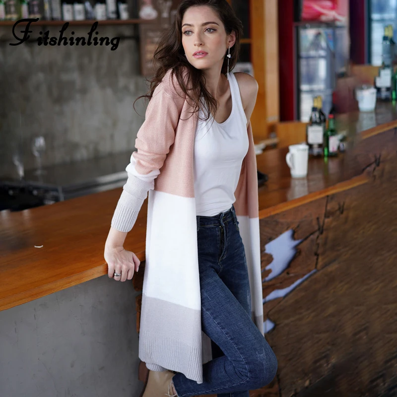 Fitshinling Block, длинный кардиган в стиле пэчворк, зимнее пальто,, Boho, тонкая женская трикотажная куртка, длинный рукав, открытая стежка, кардиганы