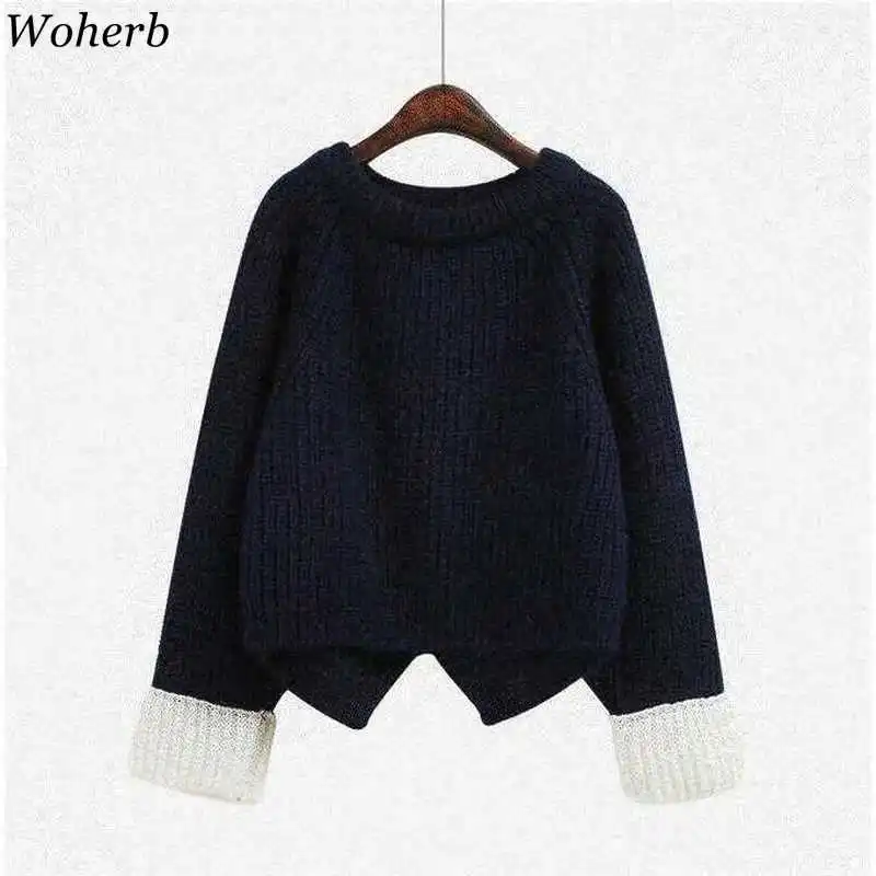 Woherb Pull Femme с круглым вырезом и длинными рукавами, контрастные цвета, пуловеры Джемперы, винтажная мода, свитер, женские повседневные свободные топы 90840