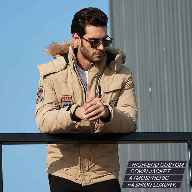 2021 Winter Men's Fashion Casual Down Jacket Mid-length Thick White Duck Down Warm Hooded Large Fur Collar Jacket