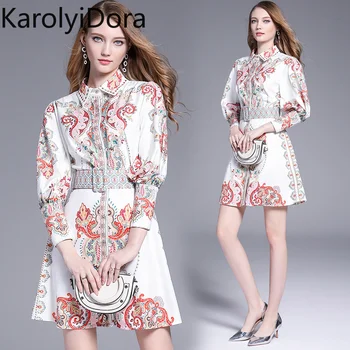 

New European and American court wind lapel lantern sleeves waist shirt dress with belt