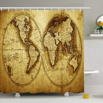 

Shower Curtain Set with Hooks 66x72 Antique Map World 1711 Year Topography Direction Transportation Discovery Key Vintage