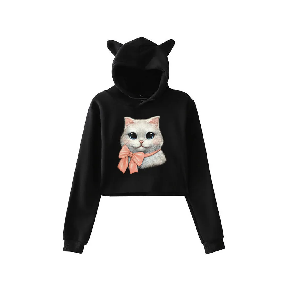 

Hsu 828 Hot Sales Big Promotion Women Casual Cat Print Long Sleeve Sweatshirt Hooded Pullover Tops Blouse for Ladies Women