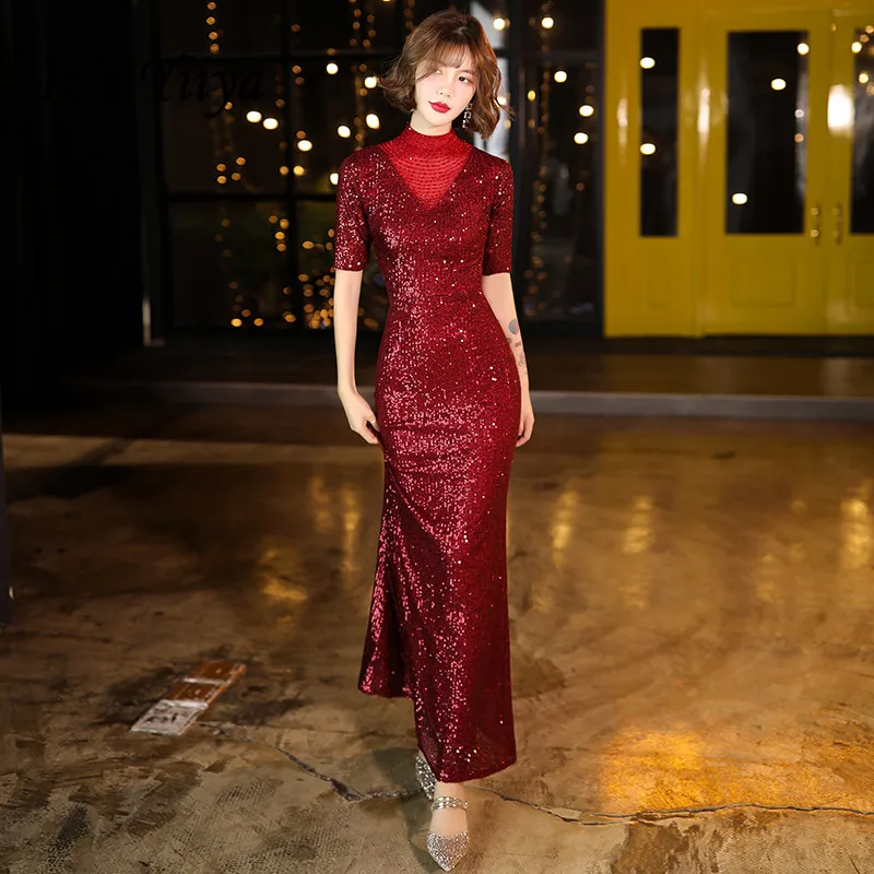 

It's Yiiya Evening Dresses Burgundy High Collar Shining Sequined Formal Evening Gowns Half Sleeve Mermaid Dress For Girls K073