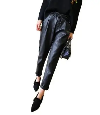 Black thin fleece Прямые продажи, повседневные однотонные штаны-шаровары на молнии, новые зимние кожаные свободные тонкие штаны с высокой талией - Цвет: Black thin fleece