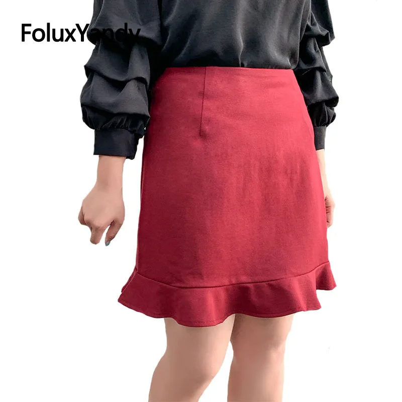 

Elegant Skirt Women Plus Size Slim Office Lady Ruffles Trumpet Skirts Red OLL220
