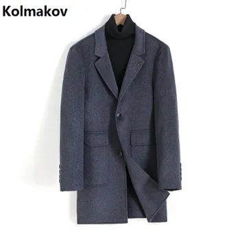 

2019 Winter Men's Long wool coat collar casual woolen overcoat high quality single-breasted trenchcoat men thicken jacket