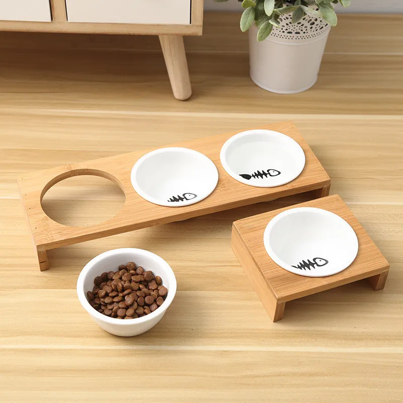 

Fashion Cat Dog Feeders Bowls Bamboo Tableware Ceramic Pet Food Water Bowl High Grade Anti Skid Pet Supplies Dog Cat Bowl