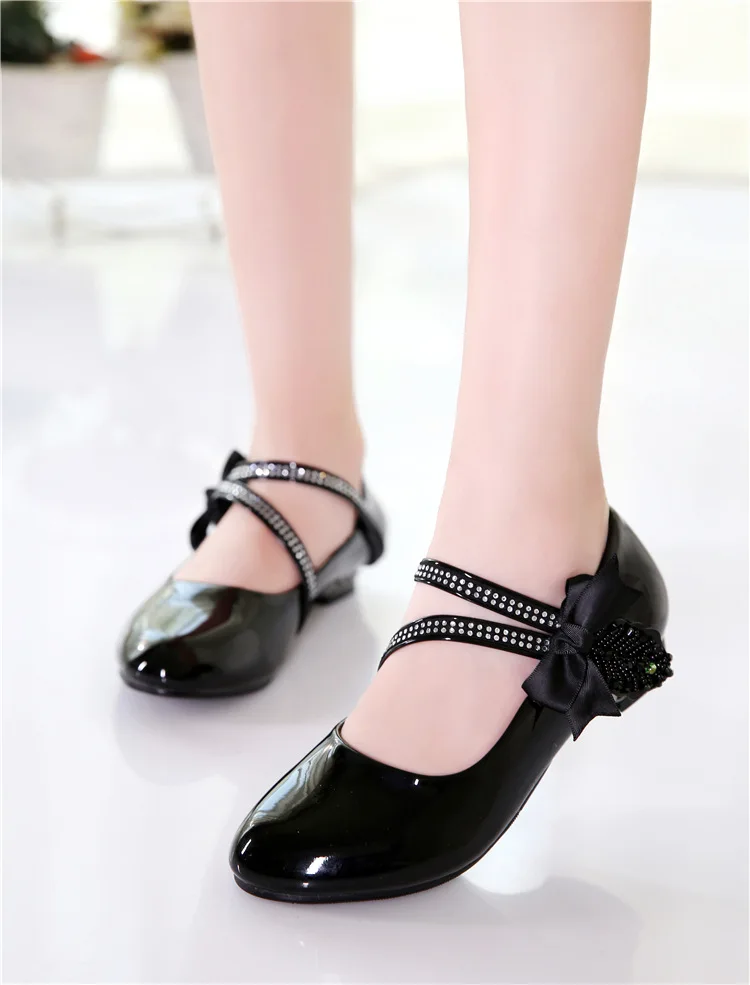 4-16 Years Fashion Rhinestone Flower Little Girls Shoes Party Princess Dress Wedding Shoe Black Big Kids High Heel Leather Shoe