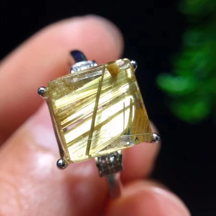 

Natural Gold Rutilated Quartz Women Men Adjustable Ring Rectangle 925 Silver 9x9mm Beads Fashion AAAAA Certificate