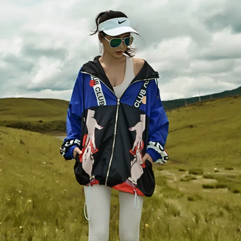 

2019 new hip hop style women jacket coat graffiti printing oversize loose hooded zipper punk coat with big pockets