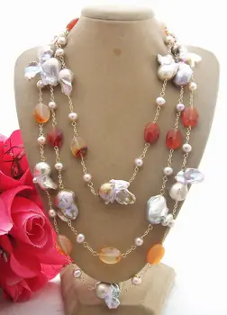 

Purple Keshi Pearl Red Gems Stone Long Necklace 46"