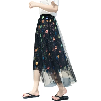 

Summer Mesh High Street Rave Style Plus Size Women Elastic Waist Reflective Black Sequin Tulle Skirt Shinny Skirts qh2064