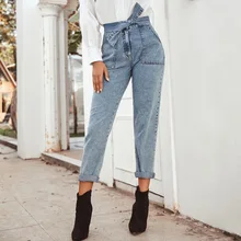 Весна Лето, женские прямые джинсы, штаны с завязками, высокая талия, вареные джинсовые штаны, винтажные повседневные штаны, уличная одежда синего цвета