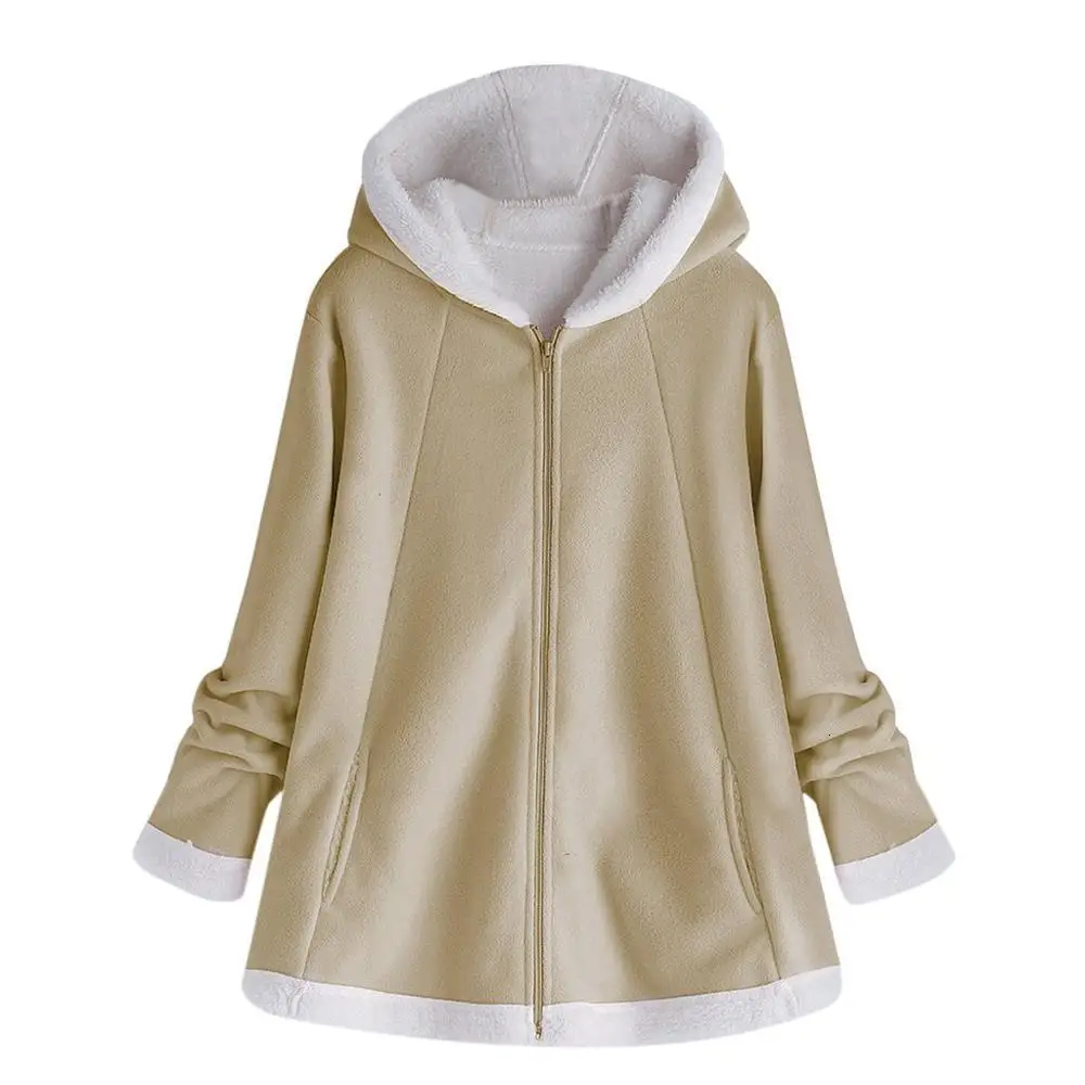 Женская Осенняя куртка, зимняя теплая однотонная плюшевая толстовка с капюшоном, модная куртка с карманами на молнии, длинная одежда с рукавами, манто для женщин размера плюс 5XL - Цвет: Khaki