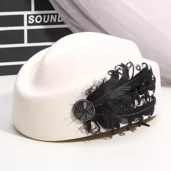 

Brand White Pure Wool Berets WOmen Pillbox Feather Fedora Cap Russian Style Elegant Ladies Winter Autumn Stewardess Cap