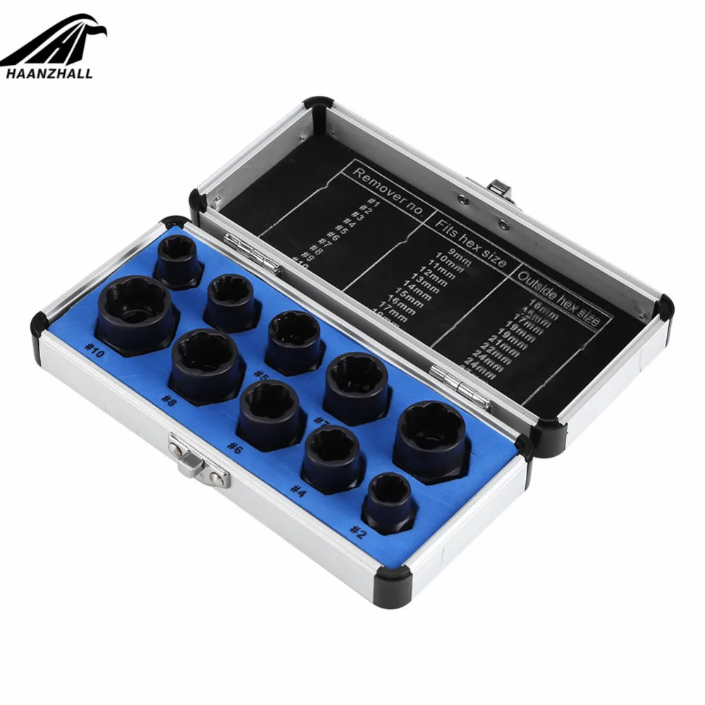 

10Pcs Damaged Bolt Nut Screw Remover Extractor Removal Set Nut Removal Socket Tool Threading Hand Tools Kit With Box Hot Sale