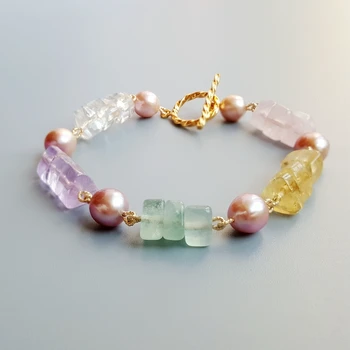 

LiiJi Unique Geniune Amethyst Citrine Fluorite Rose Quartz Purple Pink Pearl Handmade Bracelet 925 Sterling Silver Clasp