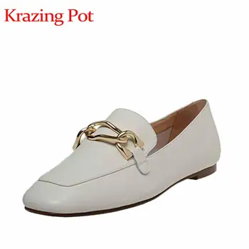 

Krazing Pot 2020 new basic solid genuine leather slip on square toe comfortable women flats metal fasteners spring shoes L99